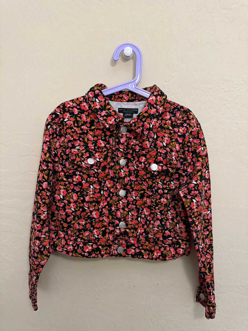 Floral red pink cotton denim jacket, Kids Sz L (10-12)
